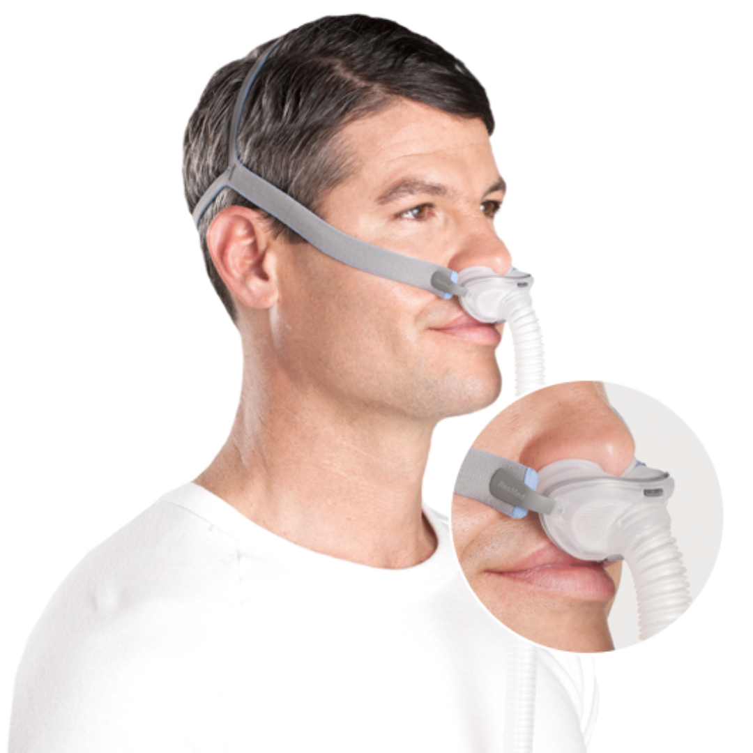 EssentialAir CPAP - Toronto Sleep Specialist - Person wearing ResMed AirFit P10 Nasal Pillows System Front View